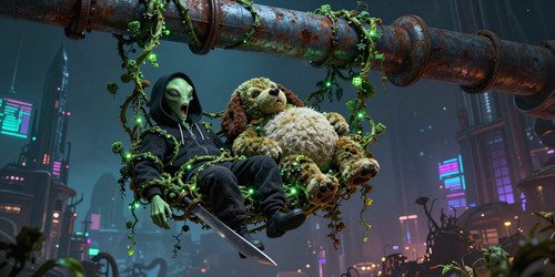 Awesome Assassin Alien AAA a legendary alien in a black hoodie and Big Belly Bob BBB a plush labrado.jpg