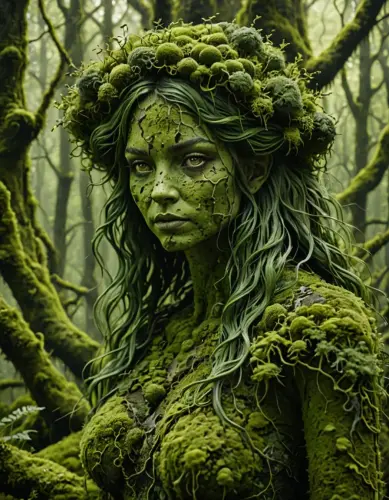 a beautiful woman made from moss and lichen creepy moss covered forest background all shades of gree.webp