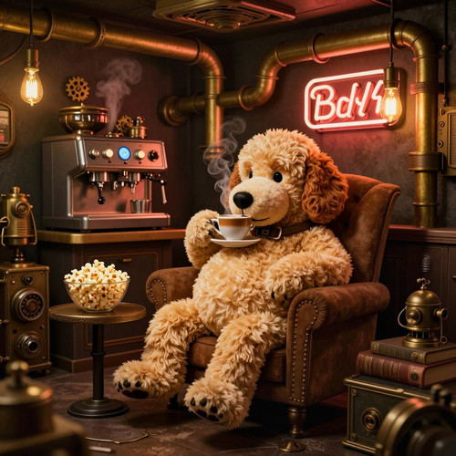 A cozy dieselpunk lounge exclusively for Big Belly Bob a plush labradoodle with an absurdly large sp.jpg