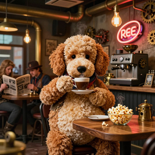 A cozy dieselpunk café setting featuring Big Belly Bob a plush labradoodle with an absurdly large sp.jpg