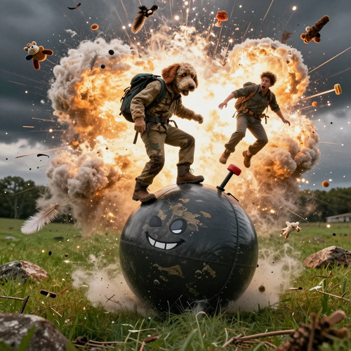 A highly dramatic and exaggerated scene where a clumsy unsuspecting hiker in rugged outdoor gear is .jpg