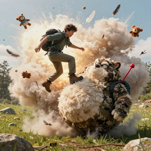 A chaotic outdoor scene where a careless hiker in hiking boots is stepping directly onto Big Belly B.jpg