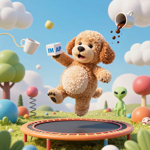 Big Belly Bob BBB a plush labradoodle with an absurdly large spherical belly is floating in a bouncy.jpg