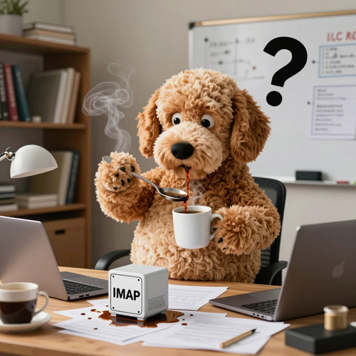 Big Belly Bob BBB a plush labradoodle with an absurdly large spherical belly sits at a cluttered woo.jpg