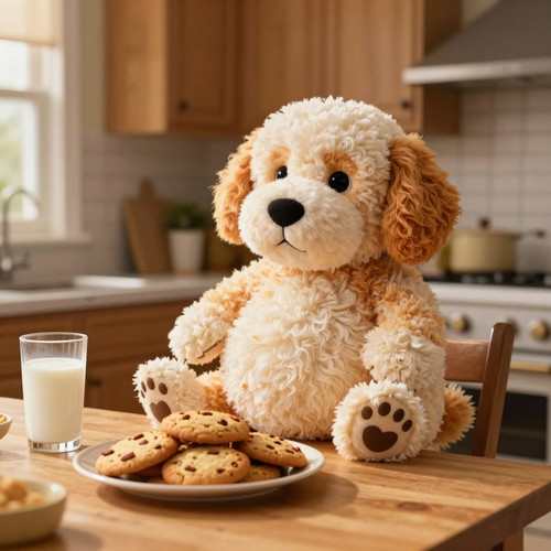 Big Belly Bob BBB a plush labradoodle with an absurdly large spherical belly sitting like a teddy be.jpg