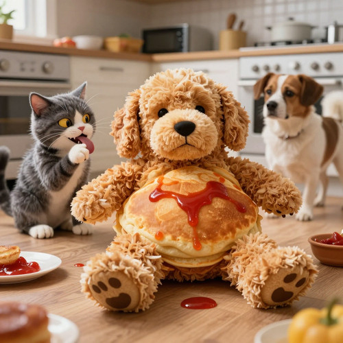 Big Belly Bob BBB the plush labradoodle now appears as a squashed pancake like blob with a goofy fla.jpg