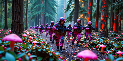 A military squad of 10 soldiers in full gear training in a dense forest with vibrant pink candyland .jpg
