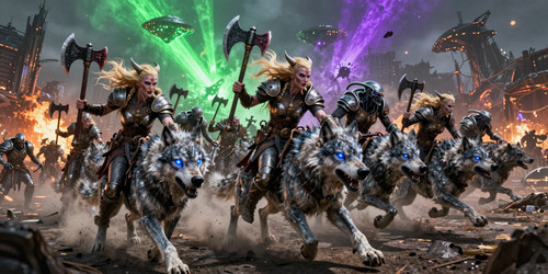 A widescreen photorealistic scene of an absurdly dramatic alien invasion In the foreground an army o.jpg