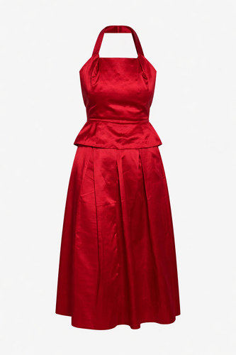 Christian Dior Vintage 1950s red silk satin square halter neck top & midi skirt.png