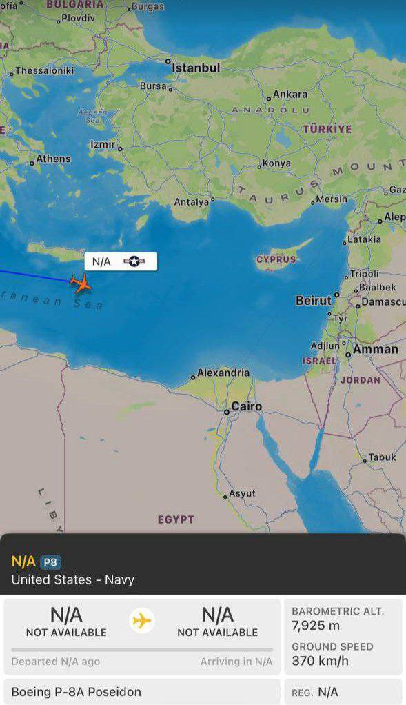 طائرة P8 استطلاع أمريكية في طريقها إلى سواحل فلسطين المحتلة ولبنان وسوريا من وسط البحر المتوسط...