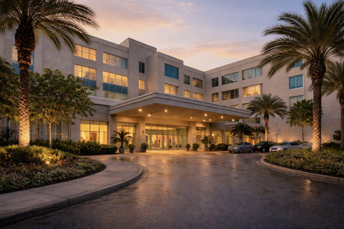 Hospital entrance exterior evening