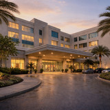 Hospital entrance exterior evening