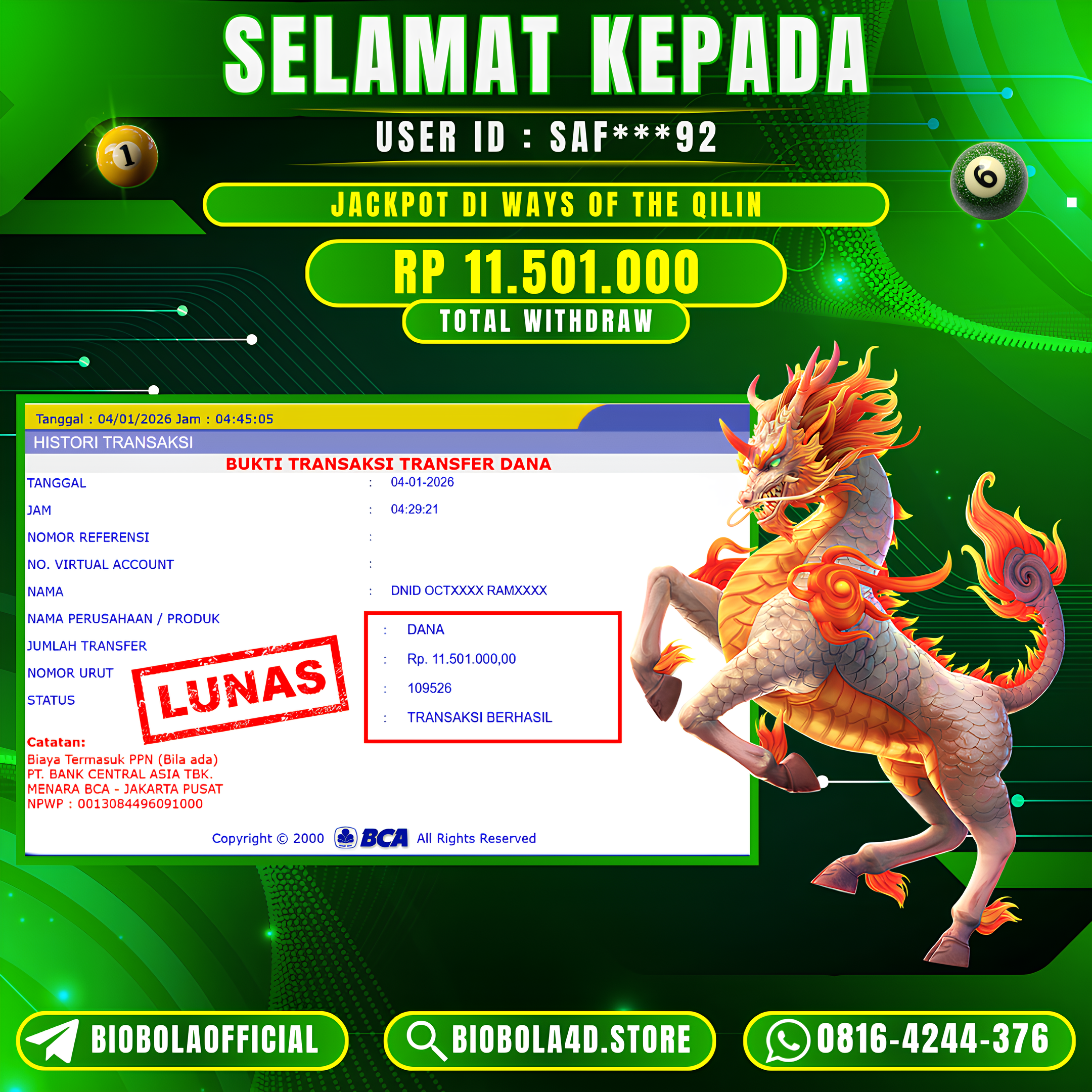 JP  Ways of the Qilin PG SOFT 11 JT DI BAYAR LUNAS !!