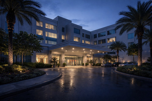 Hospital entrance exterior morning