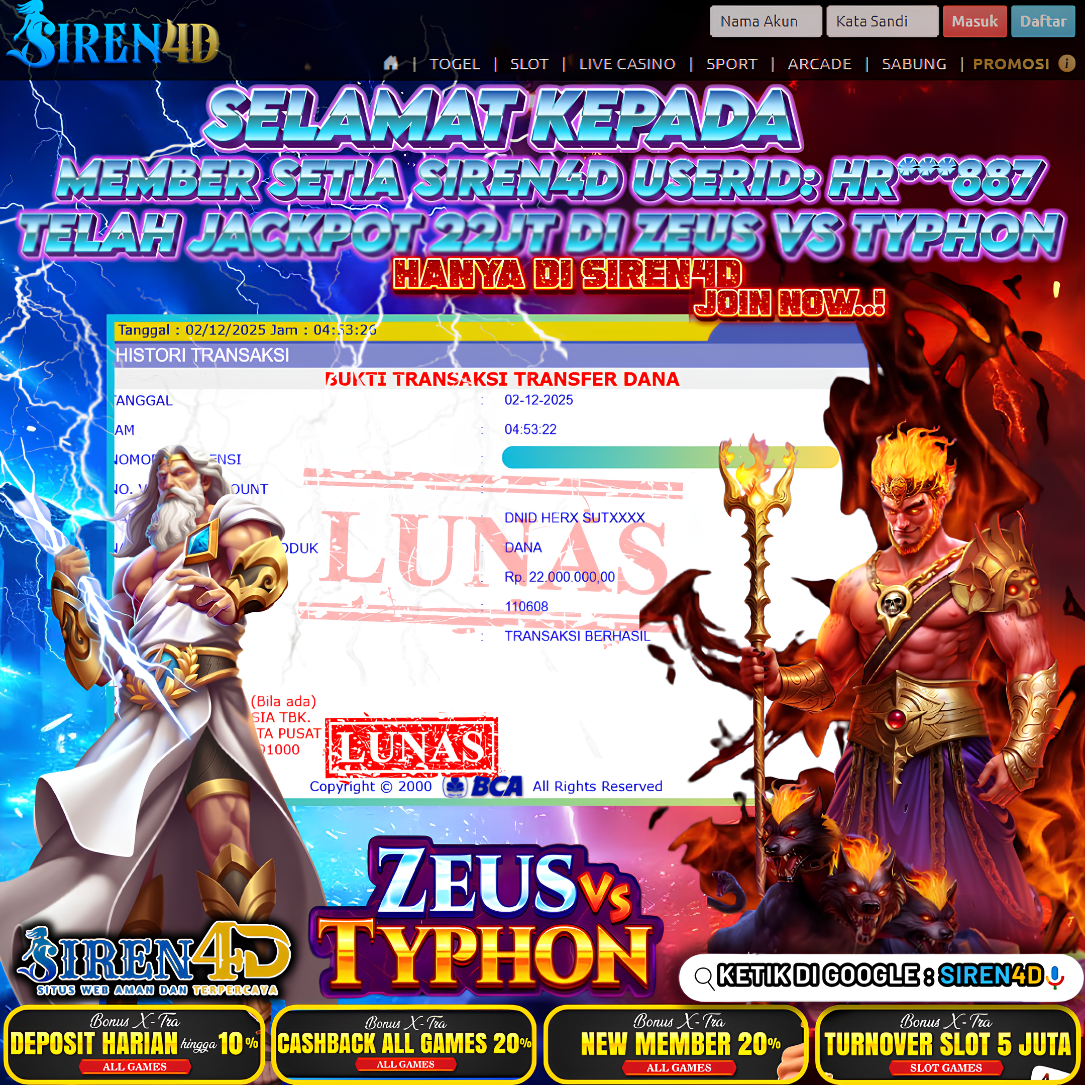 SIREN4D  - JACKPOT DI GAME ZEUS VS TYPHON RP 22JT DIBAYAR LUNAS