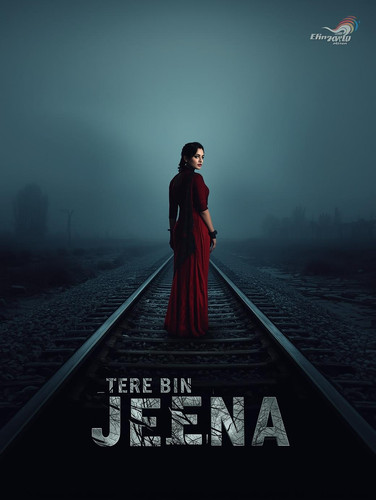 A dramatic cinematic music video poster. A fair skinned, sexy Indian woman is standing alone in the .jpg