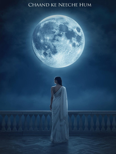 A cinematic music video poster. A fair skinned, sexy Indian woman in a flowing white saree, standing.jpg