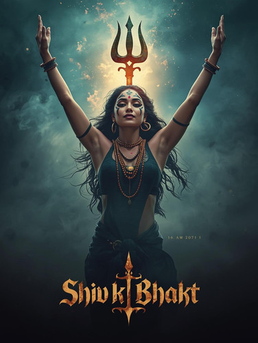 A powerful cinematic poster. A fair skinned, commanding Indian woman, dressed as a fierce devotee (B.jpg