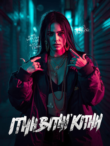 A high contrast, cinematic Hip Hop poster. A fair skinned, sexy Indian woman wearing high end, urban.jpg