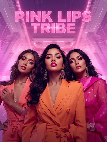 A vibrant, ensemble cinematic music video poster. A group of three fair skinned, sexy Indian women, .jpg