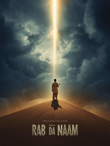 A majestic, high contrast cinematic poster. A fair skinned, sexy Indian man is standing atop a vast,.jpg