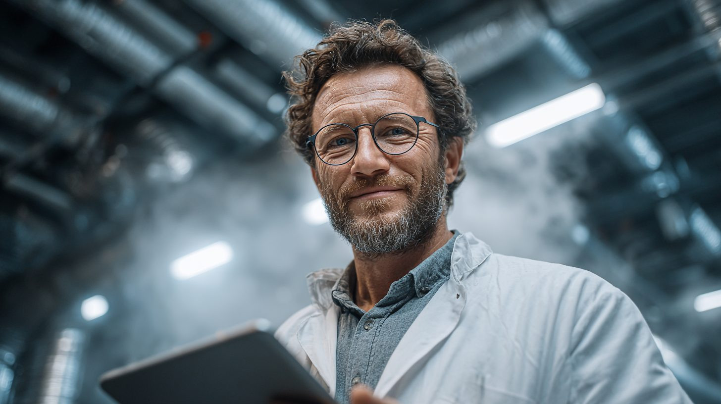 Дмитрий Козлов — профессиональное фото инженера в лабораторной обстановке с элементами вентиляционного оборудования