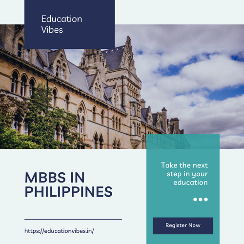 A bright and modern educational promotional graphic featuring a confident young medical student wearing a white lab coat and holding a blue book. She is smiling warmly, representing aspiring international medical students. A stethoscope hangs around her neck, symbolizing the medical profession. In the background, a subtle silhouette of the Philippines map is displayed, accompanied by the national flag colors: blue, red, white, and yellow.