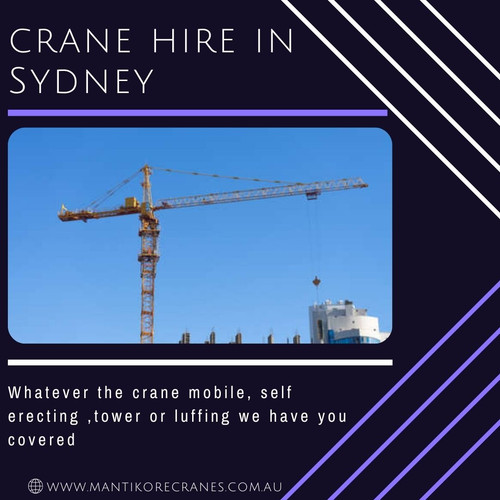 Find crane hire in Sydney? Mantikore Cranes is a cranes specialist with over 20 years’ experience in the construction industries. We Provide the best cranes for sale or hire. Our Crane is highly being used at construction sites to make the entire work stress-free and increase productivity. We are providing Tower Cranes, Mobile Cranes, Self-Erecting Cranes, and Electric Luffing Cranes. Our professionals will provide you with effective solutions and reliable services that can help you to solve technical problems that might occur sometimes. Also, get effective solutions for any requirements of your projects for the best price & service, visit our website today or book consultation 1300626845.

Website:  https://mantikorecranes.com.au/
•	Address:  PO BOX 135 Cobbitty NSW, 2570 Australia
•	Email:  info@mantikorecranes.com.au 
•	Opening Hours:  Monday to Friday from 7 am to 7 pm