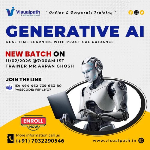 ✨ Learn how modern AI creates, reasons, and delivers results step by step.
👨‍🏫 Trainer: Mr. Arpan Ghosh
📅 Date: 11/02/2026 (Wednesday)
⏰ Time: 7:00 AM IST
🔗 Live Class Link: https://teams.microsoft.com/meet/49446273966380?p=mdNwYrDAy26lvF3cz0v 
🆔 Meeting ID: 494 462 739 663 80
🔐 Passcode: F5Pc2fG7
What you’ll learn:
• How Generative AI creates responses
• Smarter prompting that gives better results
• Using AI for real work, not experiments
• Where GenAI skills fit in real jobs
🎯 This batch is designed for learners who want clarity, structure, and real capability, not random AI tricks.
📞 Contact: +91 7032290546
🌐 Visit: https://www.visualpath.in/generative-ai-course-online-training.html