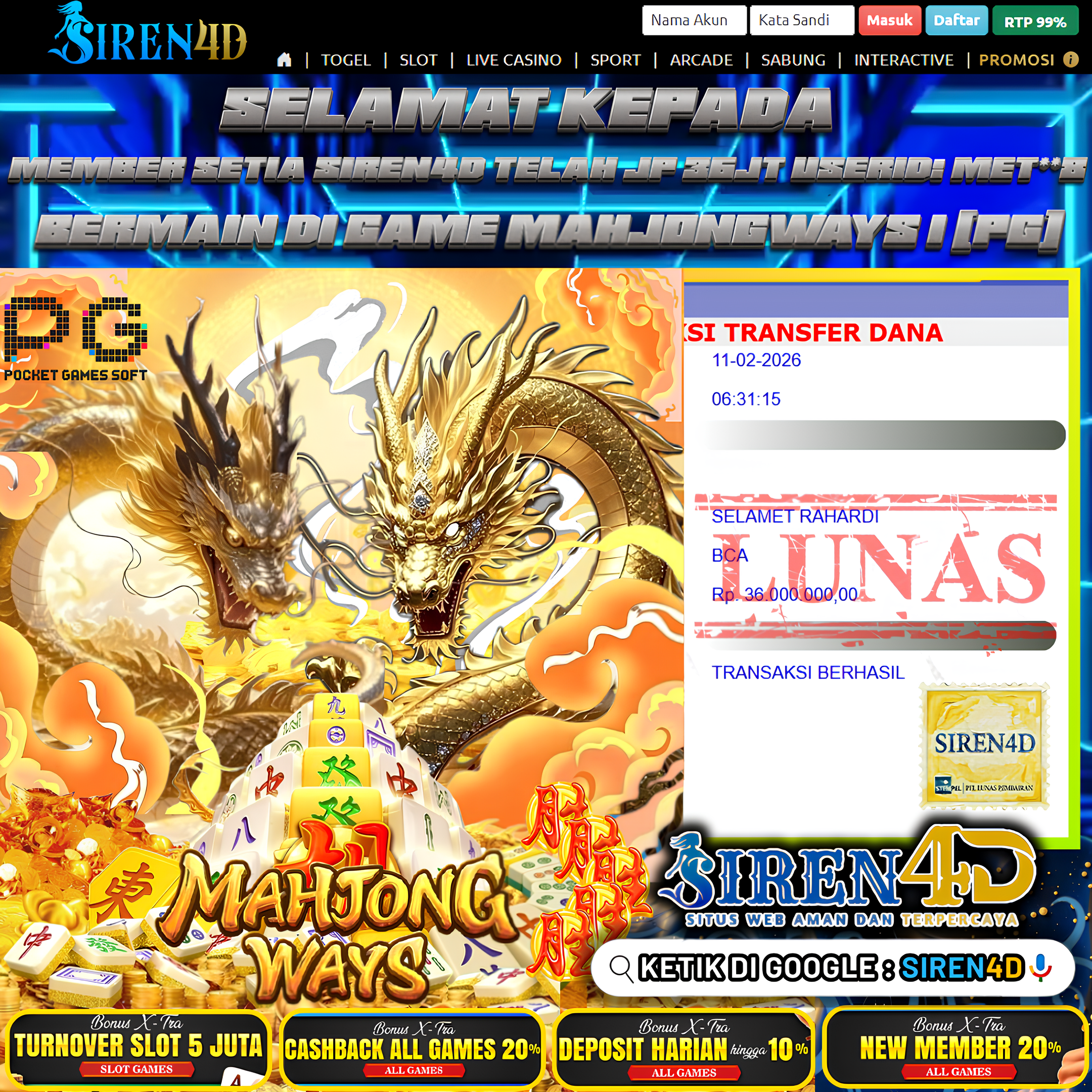 SIREN4D  - TELAH JACKPOT BESAR DI GAME  MAHJONGWAYS (PG)   RP 36JT DIBAYAR LUNAS