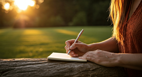meditation journaling a woman immersed in in a serene garden during golden hour.png