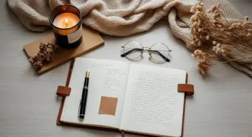cozy workspace with open notebook candle and glasses free photo.webp
