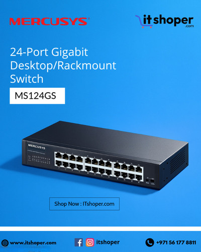 24 port Mercusys gigabit desktop and rackmount network switch product from ITshoper.com placed on a .jpg