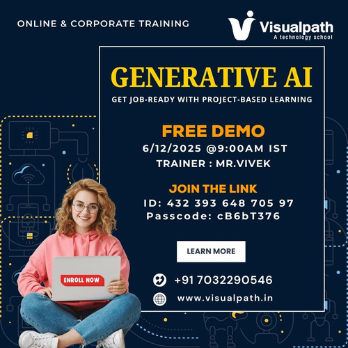 👨‍🏫 Trainer: Mr. Vivek
📅 Date: 06/12/2025 (Saturday)
⏰ Time: 9:00 AM IST
📍 Join Live: https://teams.microsoft.com/meet/43239364870597?p=GN9i8EjSbweoJYYiXR
🆔 Meeting ID: 432 393 648 705 97 | Passcode: cB6bT376
📞 Contact: +91 7032290546
🔥 Demo Highlights:
 ✅ Learn how Generative AI creates text, images, and ideas intelligently
 ✅ Explore real-time examples of ChatGPT, Midjourney, and LLM models
 ✅ Understand prompt engineering and automation workflows
 ✅ Interactive Q&A with industry expert Mr. Vivek
🚀 Experience how Artificial Intelligence can think, create, and innovate like humans!
📞 Chat on WhatsApp: https://wa.me/c/917032290546
🌐 Course Info: https://www.visualpath.in/generative-ai-course-online-training.html
📝 Blog: https://visualpathblogs.com/category/generative-ai-genai/