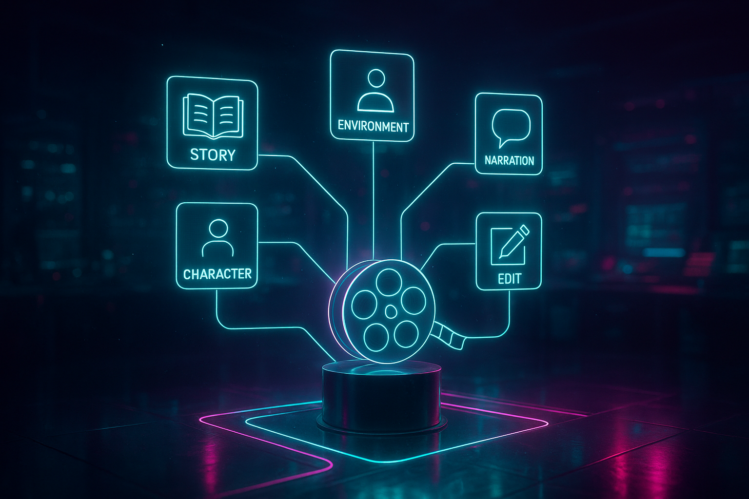 Isometric cyberpunk control room where glowing workflow nodes float mid-air, each labeled with icons for story, character, environment, narration, and edit. Filament-thin neon pathways converge into a glistening film reel on a pedestal. The color palette is electric teal and magenta with subtle fog. Hyperreal reflections on glossy floors, shallow depth of field, cinematic rim lighting, and tiny particle dust suspended in light beams.