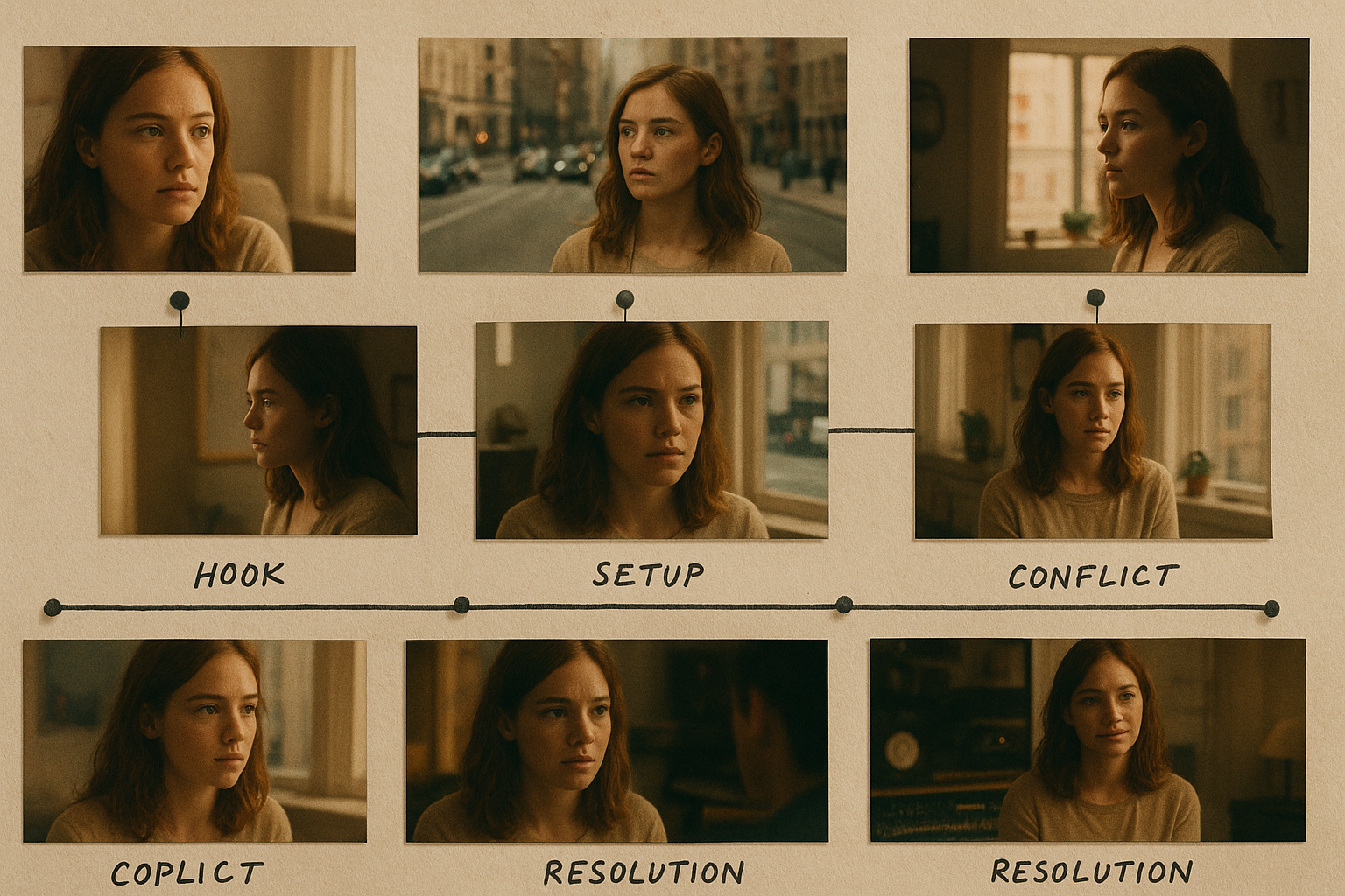 Storyboard-style collage of ten film frames pinned along a timeline. The same main character appears consistently across environments—apartment, city street, studio—showing continuity of design and color palette. Warm cinematic lighting, subtle film grain, shallow depth of field, and handwritten annotations near each frame indicating scene purpose hook, setup, conflict, resolution. High-resolution, tactile paper textures, modern editorial aesthetic.