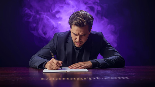 16. Male actor with intense eyes writing an emotional song script under purple spotlight, lavender s.jpg