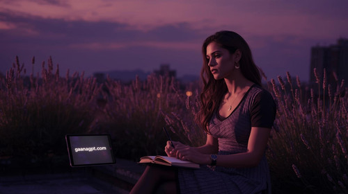 12. Romantic Bollywood actor writing a heartbreak song at a rooftop lavender setting, dark purple sk.jpg