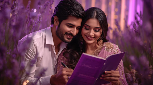 5. Bollywood inspired couple in a romantic lavender setting, both writing music lines together on a .jpg