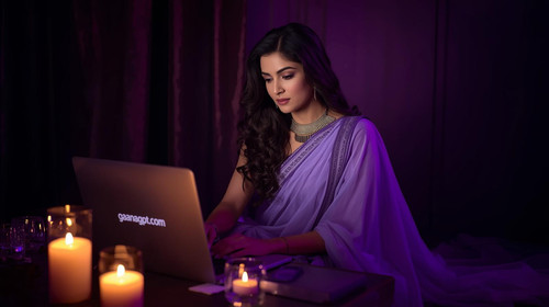 9. Seductive Bollywood actress in lavender gown, writing a music video script at a candle lit dark p.jpg