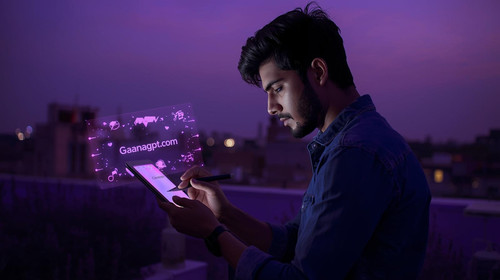 12. Romantic Bollywood actor writing a heartbreak song at a rooftop lavender setting, dark purple sk.jpg