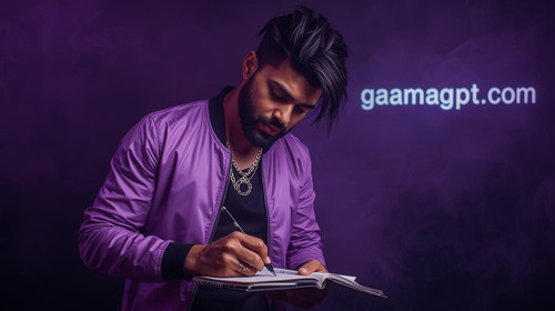 10. Bollywood musician in sexy rugged styling, lavender jacket, scribbling rap lyrics under dark pur.jpg