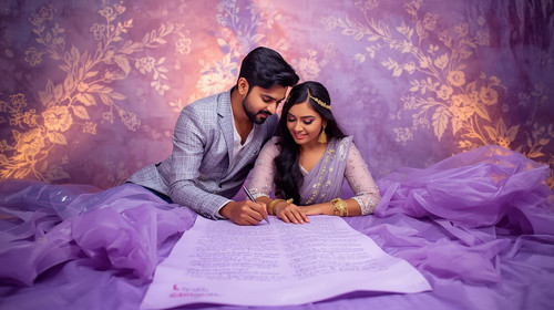 5. Bollywood inspired couple in a romantic lavender setting, both writing music lines together on a .jpg