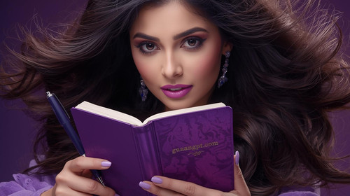 7. Bollywood diva with wavy hair, lavender lipstick, writing a pop song draft on a purple diary, “ga.jpg