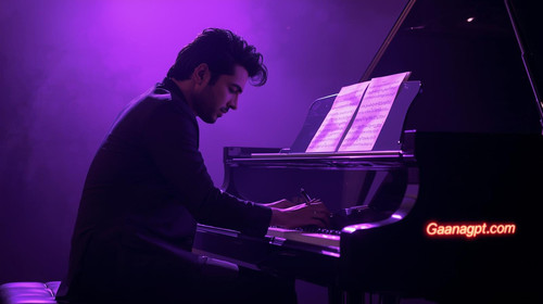 8. Fit Bollywood hero seated at a piano in lavender light, writing music on a script page resting on.jpg