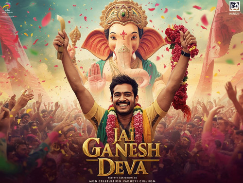An epic, celebratory cinematic poster. A fair skinned, sexy Indian man is standing among a crowd of .jpg