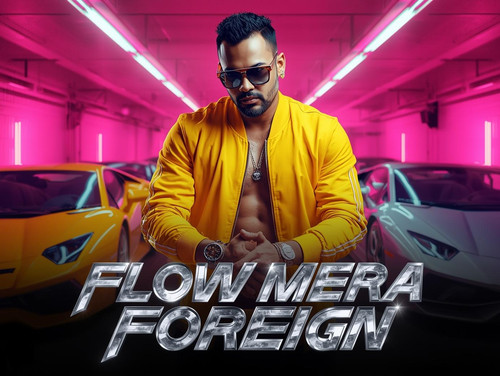 A sharp, dominant cinematic Hip Hop poster. A fair skinned, sexy Indian man dressed in an immaculate.jpg
