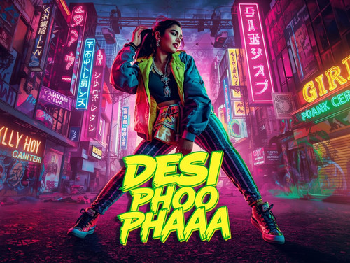 A dynamic, highly colorful cinematic Hip Hop poster. A fair skinned, sexy Indian woman wearing uniqu.jpg