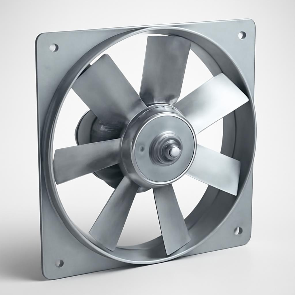 Схема осевого вентилятора диаметром 300 мм с лопастями и двигателем