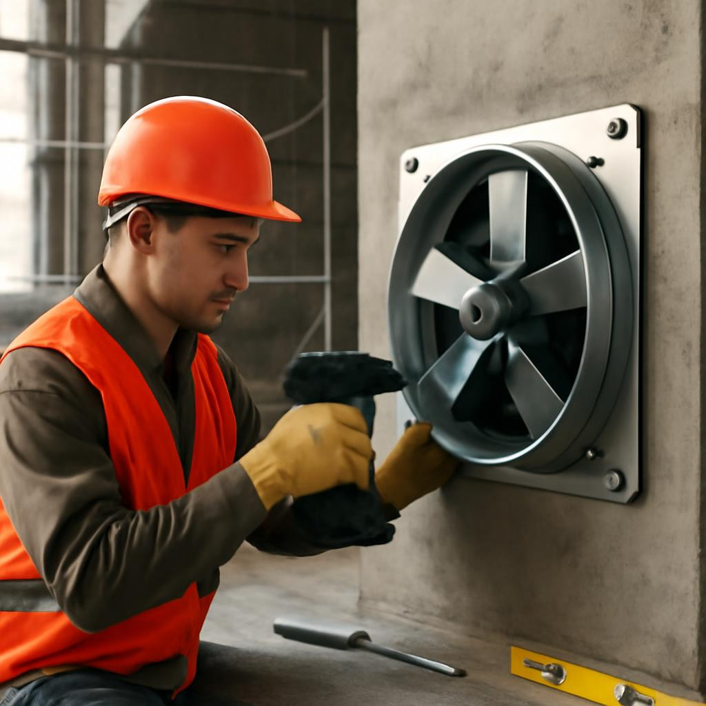 Процесс монтажа осевого вентилятора 300 мм на стене строительного объекта